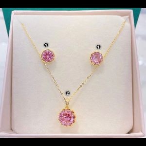 925 SILVER CHAIN, 925 SILVER EARRINGS, 18K GOLD PLATING, PINK ZIRCONIA